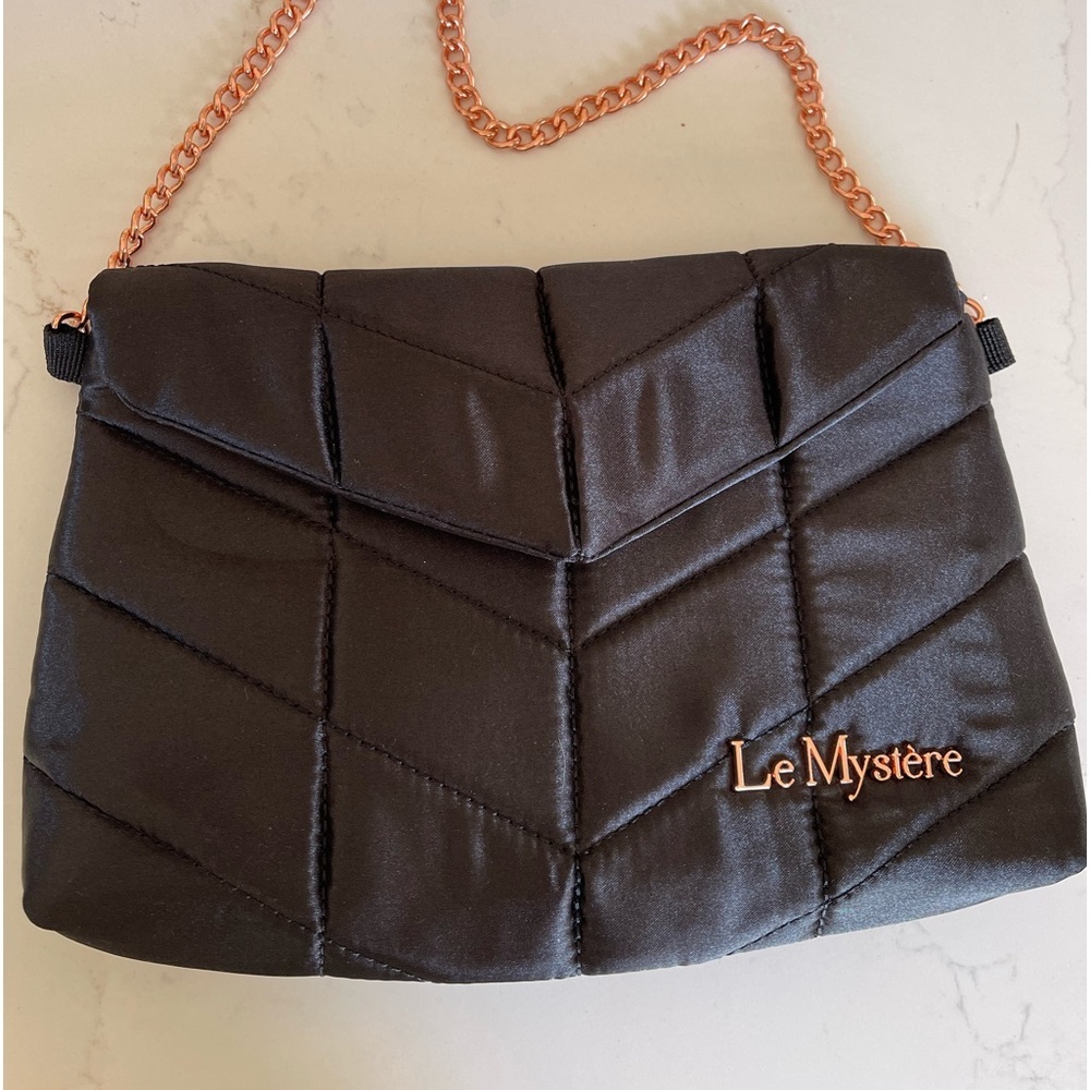 NWOT black satin quilted clutch w/ magnetic closure & rose gold chain